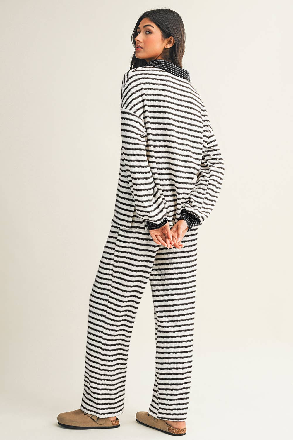 Stripe Collared Pullover Top and Drawstring Pant Set