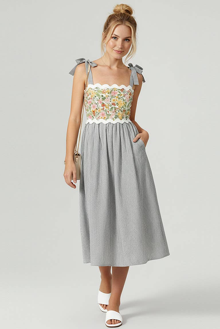 STRAP SHOULDER RIC RAC FLORAL STRIPE MIDI DRESS