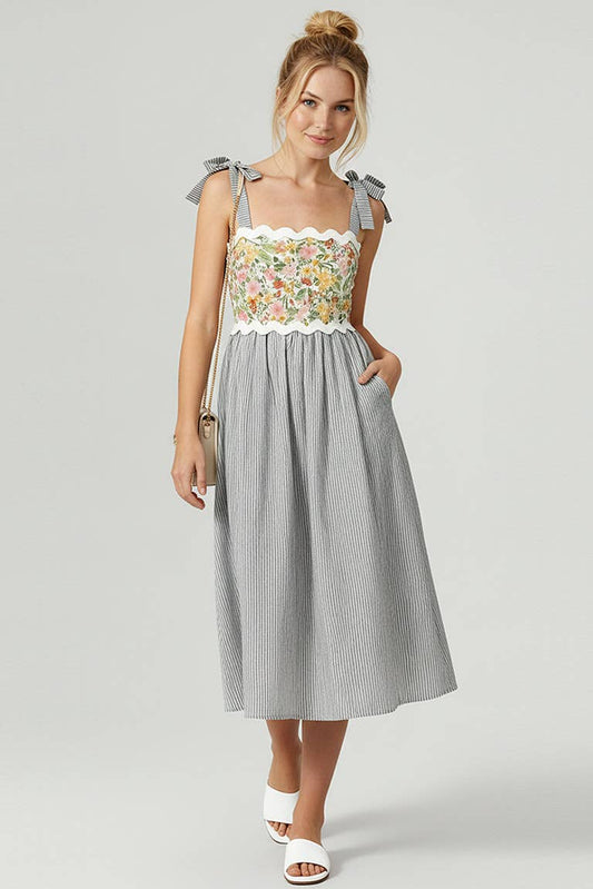 STRAP SHOULDER RIC RAC FLORAL STRIPE MIDI DRESS
