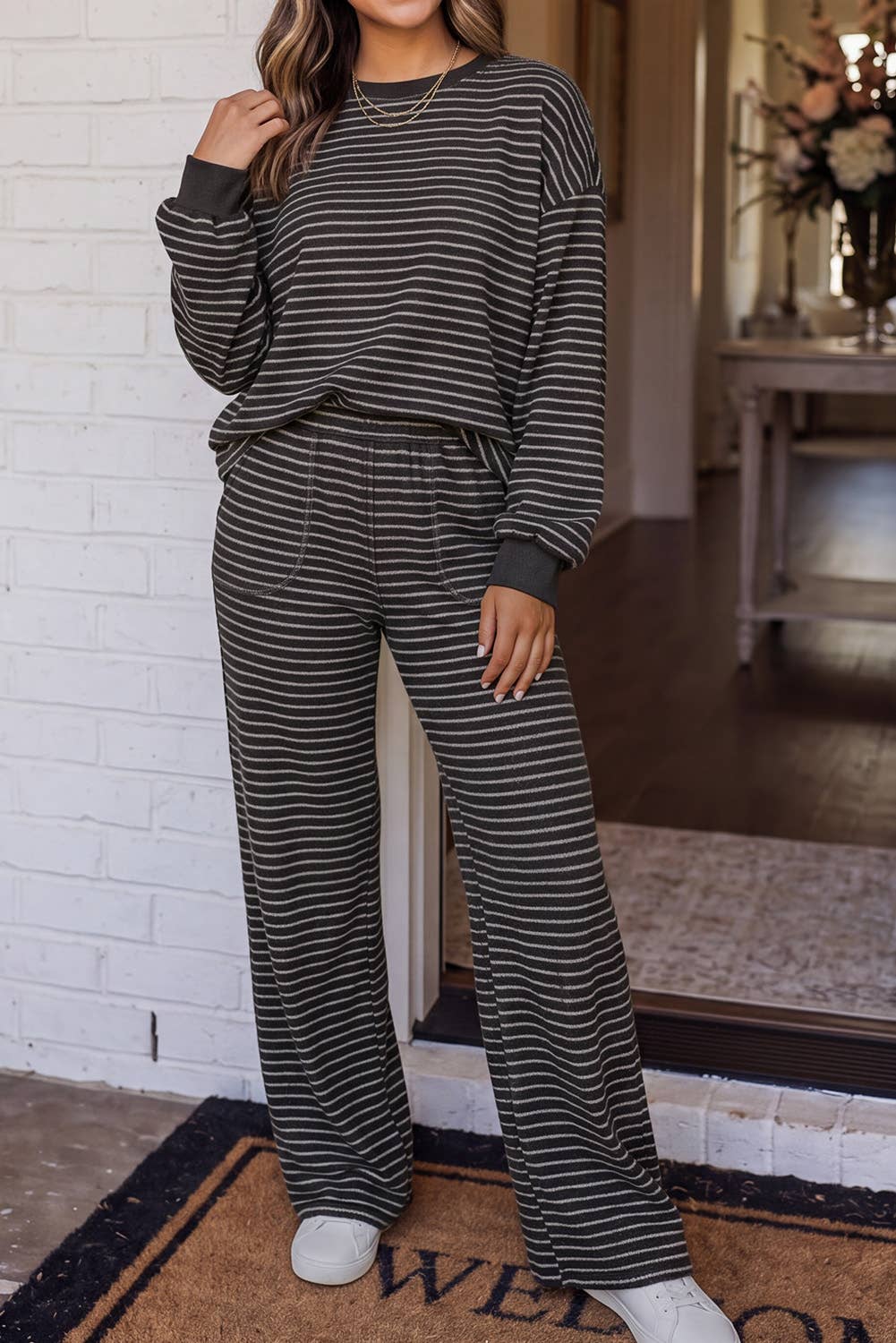 Cozy Striped Crew Neck Pocketed Pants Set