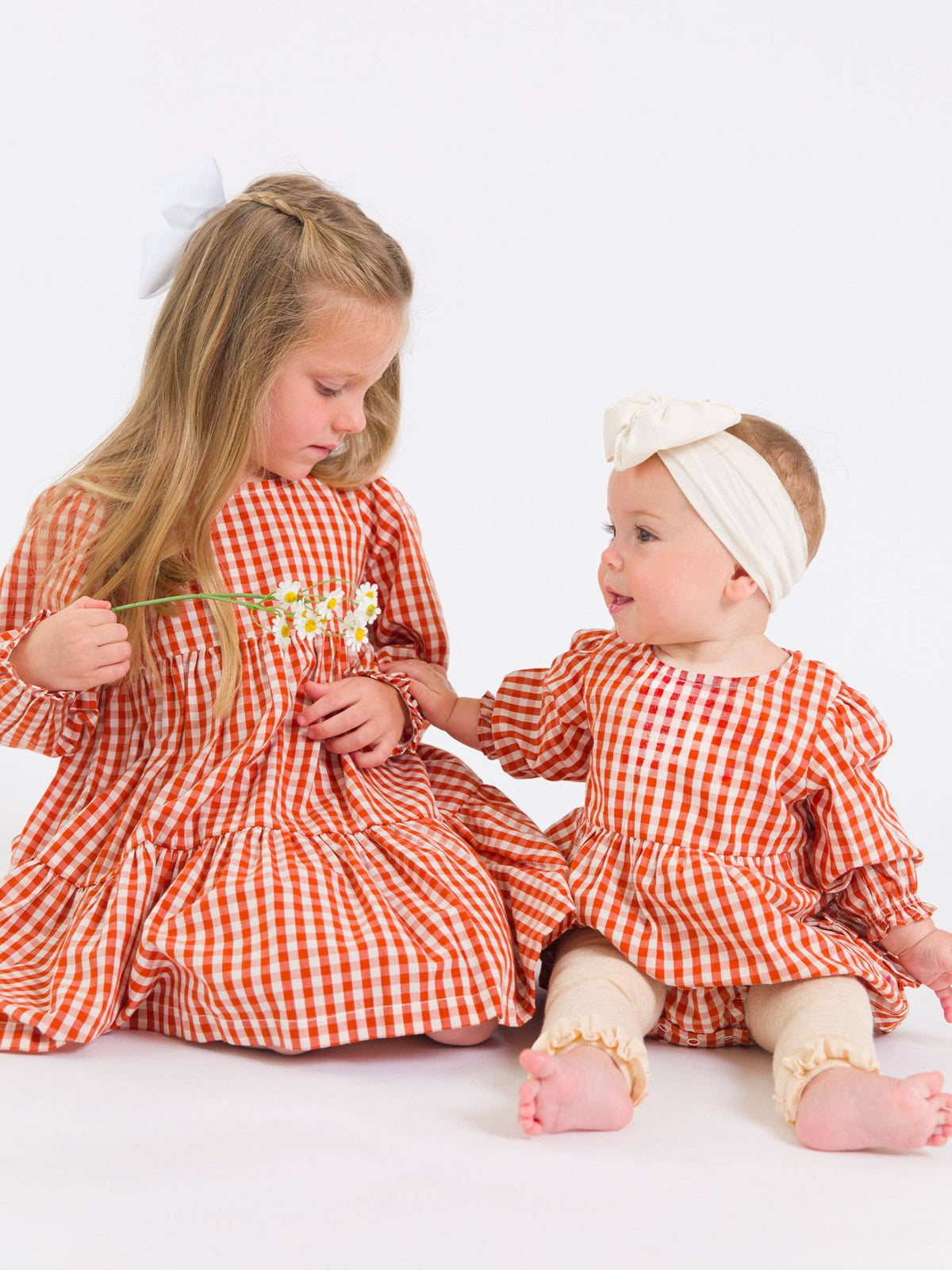 Girls Classic Rust Gingham Woven Long Sleeve Tiered Twirl Dress