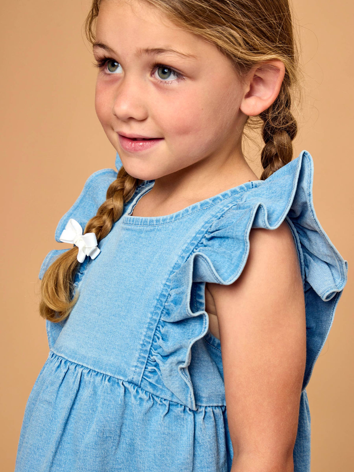 Girls Light Wash Stretch Denim Sleeveless Ruffle Top