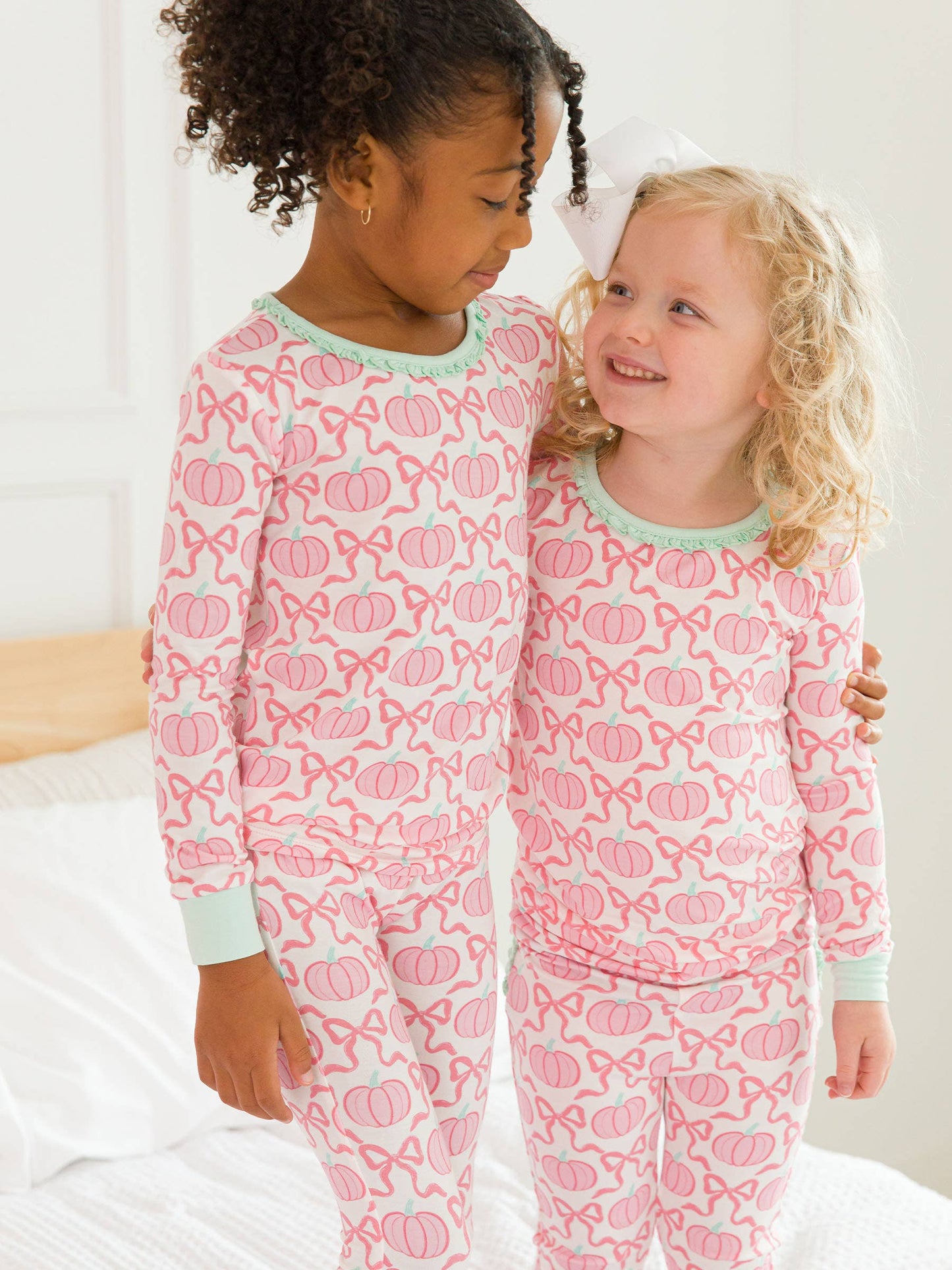 SoftSnooze™ Toddler Girls Bamboo Viscose Pink Fairytale Pumpkins Ruffle Long Sleeve Pajama Set with Signature Rear Ruffles