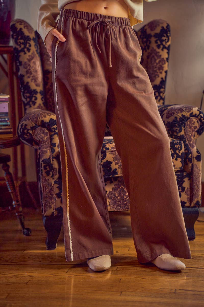 SIDE LACE TRIM COTTON DENIM WIDE LEG PULL ON PANTS
