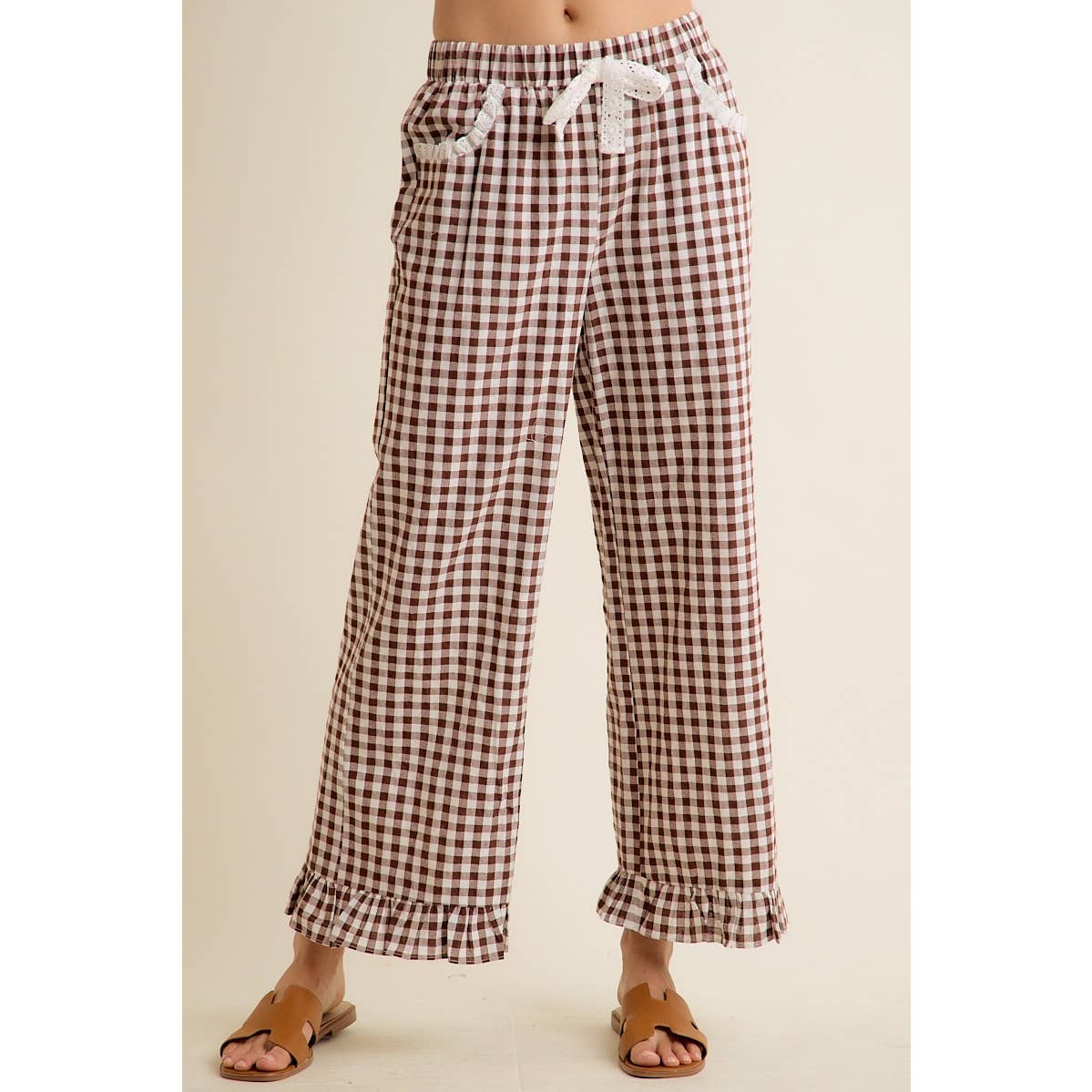 GINGHAM LACE RUFFLED PULL ON PANTS