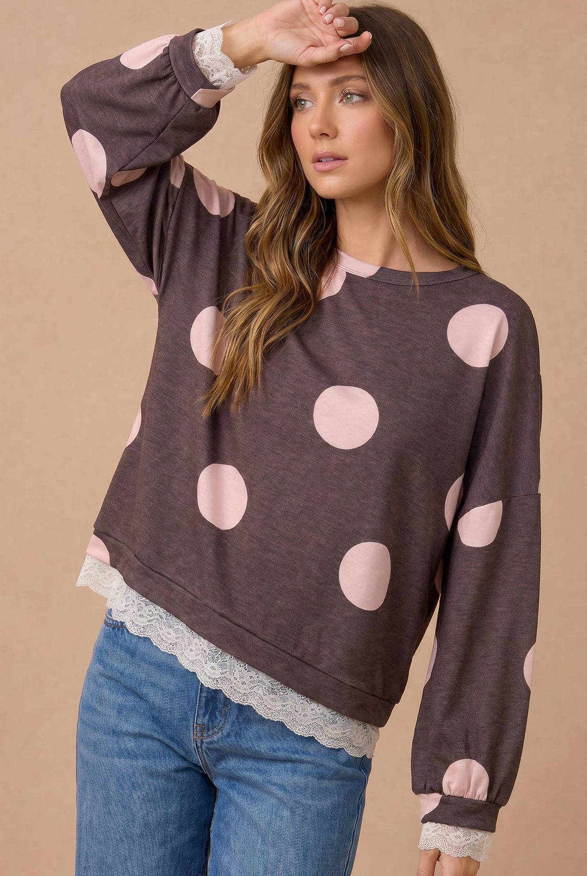 Dot Print Scallop Lace Hem Pullover Top