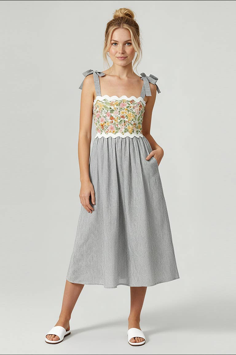 STRAP SHOULDER RIC RAC FLORAL STRIPE MIDI DRESS
