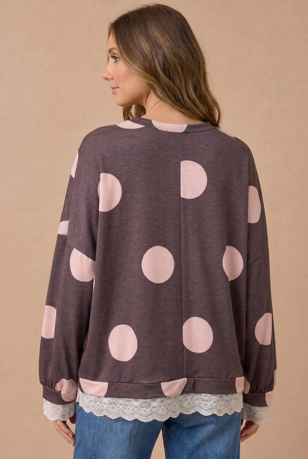 Dot Print Scallop Lace Hem Pullover Top
