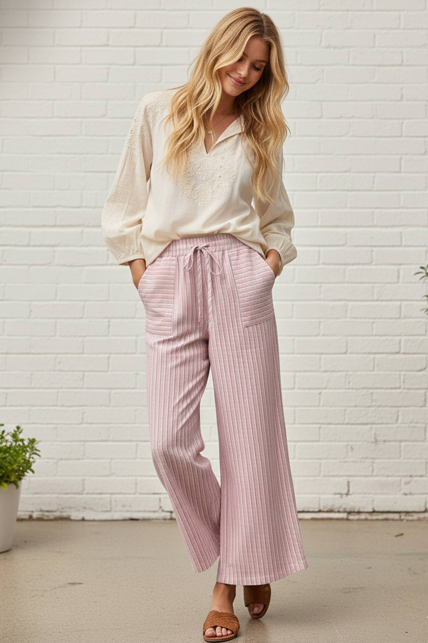Striped Cotton Wide Leg Pants