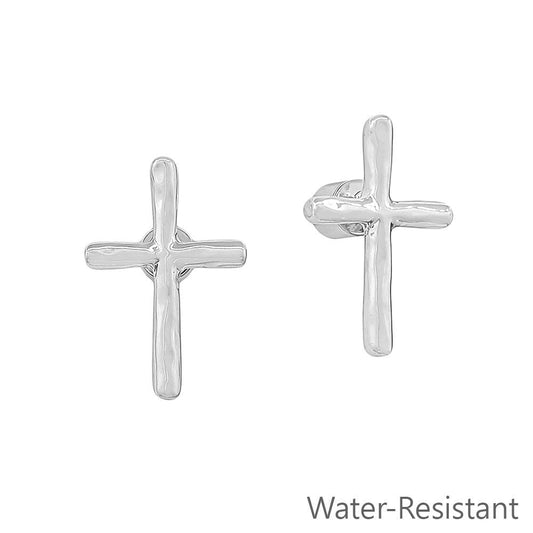 Water Resistant Hammered Silver Stud Cross .5" Earring