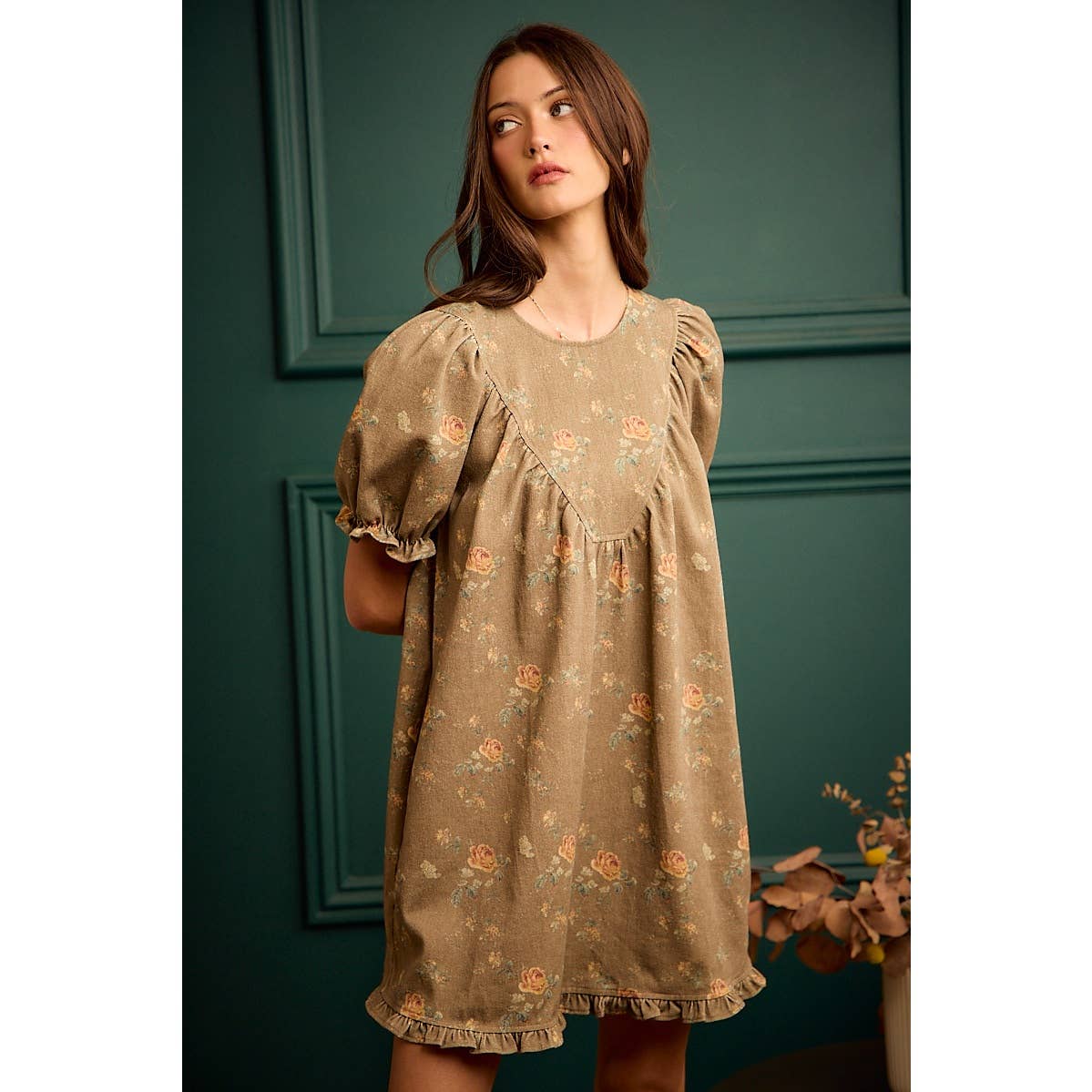 FLORAL RUCHED SHORT PUFF SLEEVE MINI DRESS