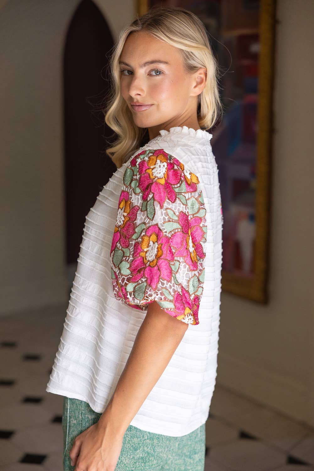 Floral Embroidered Short Bubble Sleeve Top