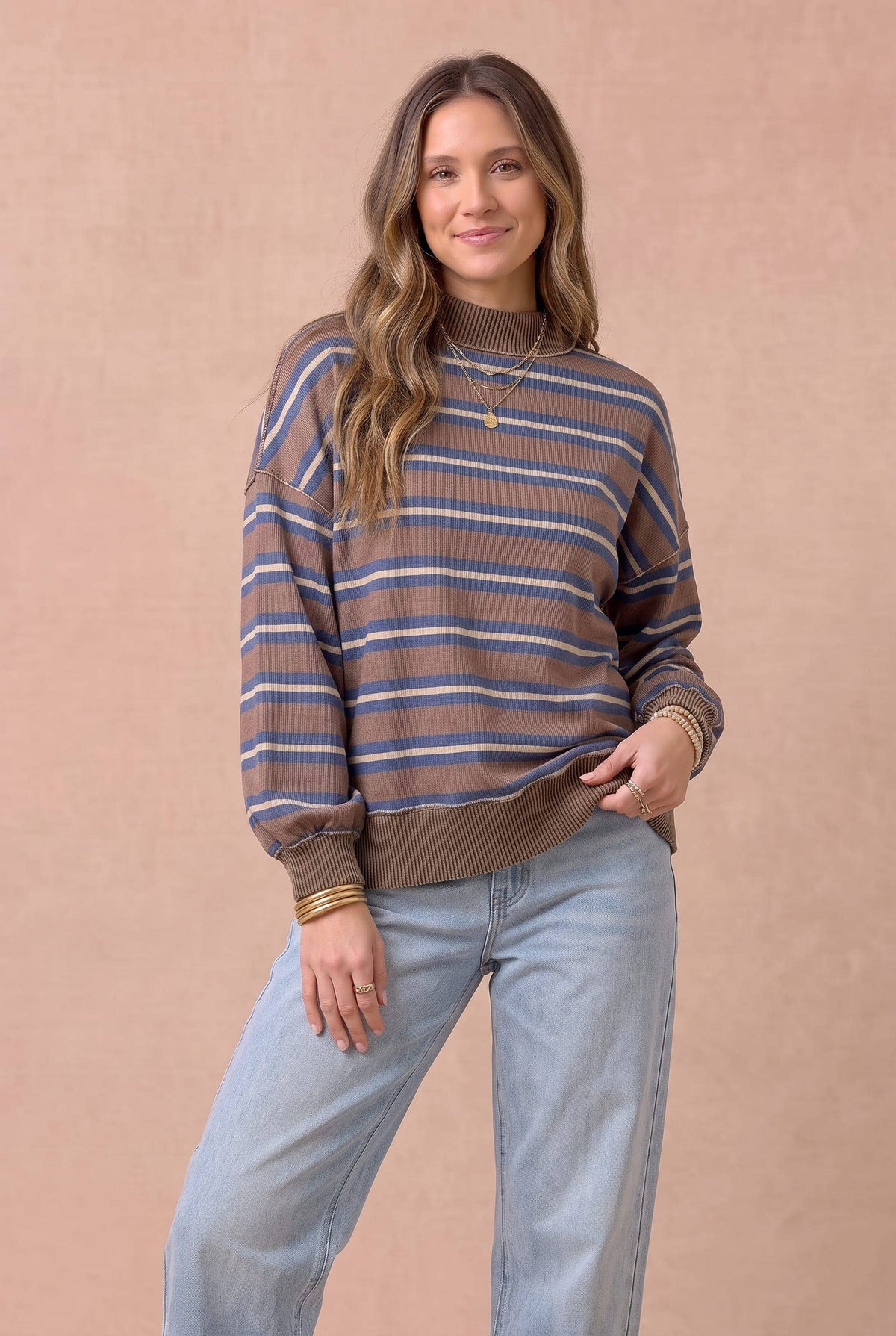 Striped Mock Neck Balloon Sleeve Knit Top