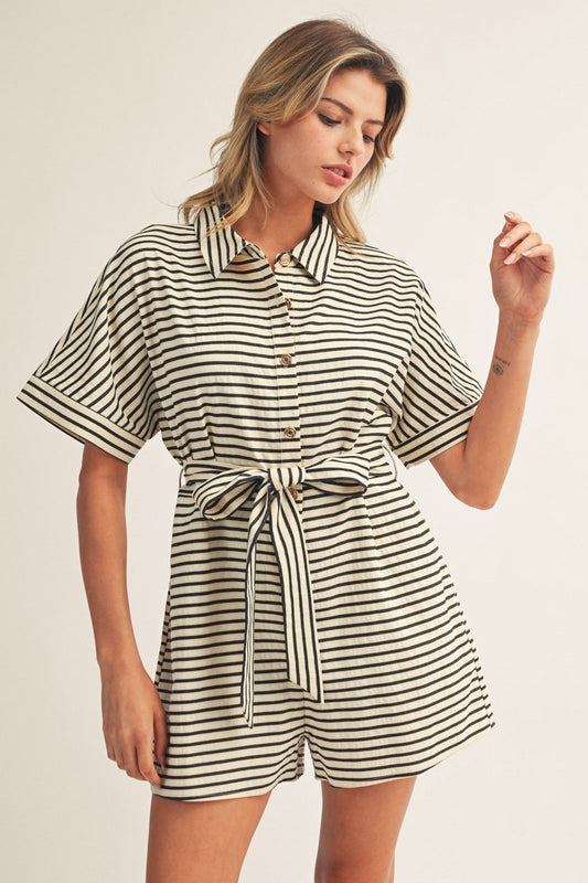 Waist Tie Button Down Stripe Romper