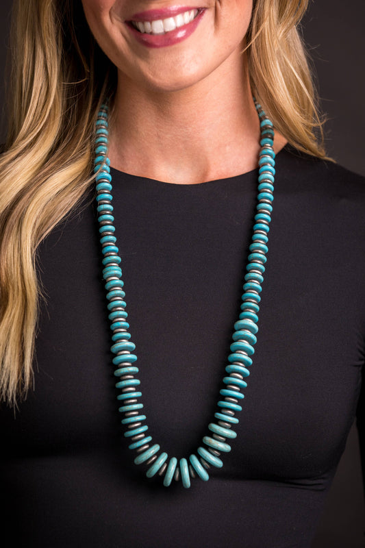 36"" Turquoise and Faux Navajo Pearl Graduated Disc Necklace