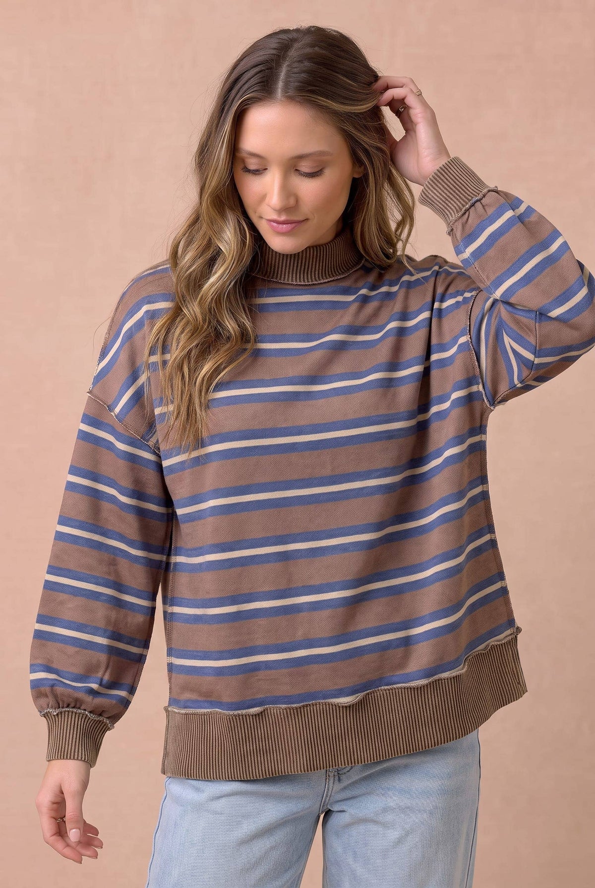 Striped Mock Neck Balloon Sleeve Knit Top