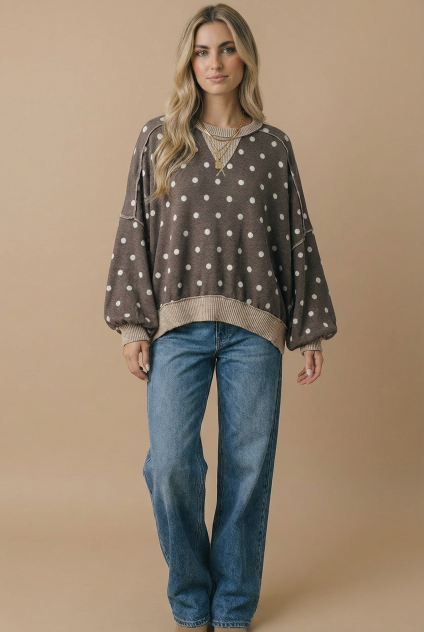 Plus Crew Neck Polka Dot Reverse Stitch Pullover