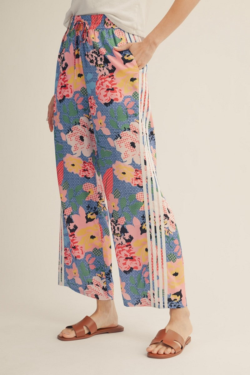 Side Stripe Trim Detail Floral Pants