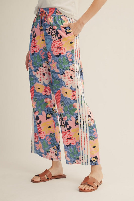 Side Stripe Trim Detail Floral Pants