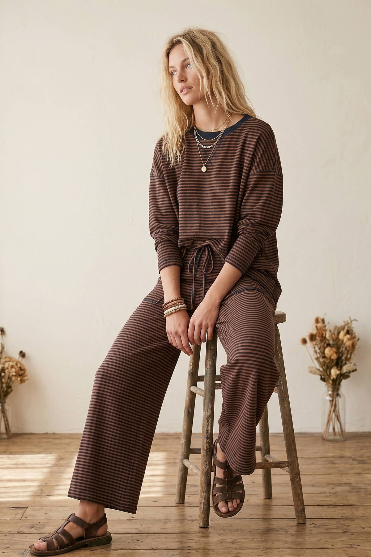 Striped Relaxed Top & Wide Leg Pants Knit Set