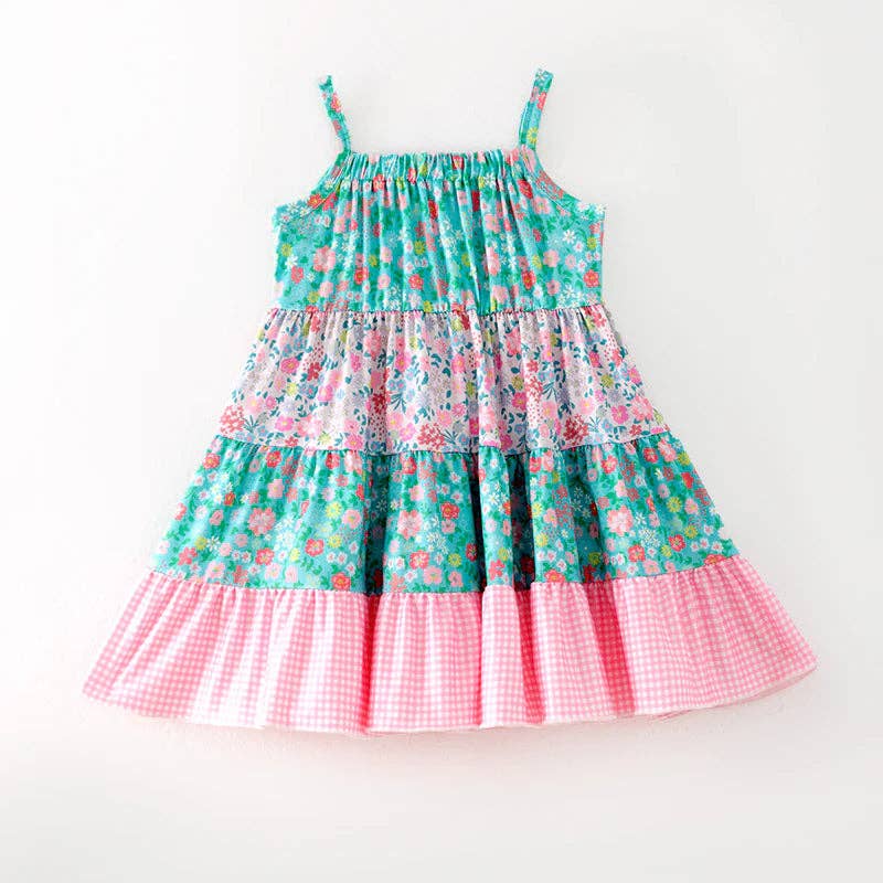 Girls Summer Blue Pink Floral Print Patchwork Dress