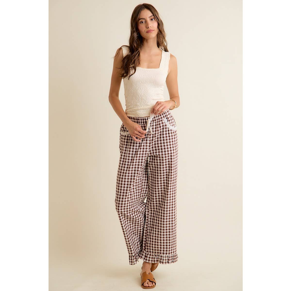 GINGHAM LACE RUFFLED PULL ON PANTS