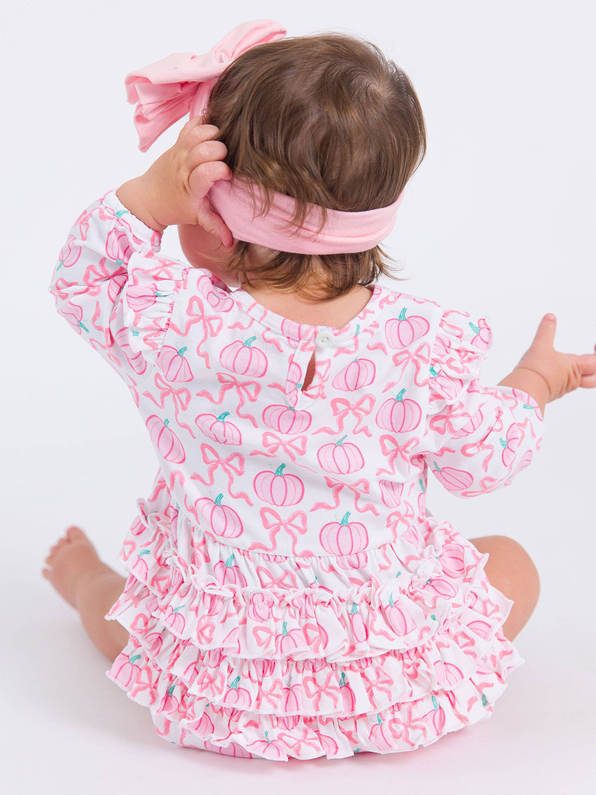 Baby Girls Pink Fairytale Pumpkins Knit Long Sleeve Flutter Bubble Romper