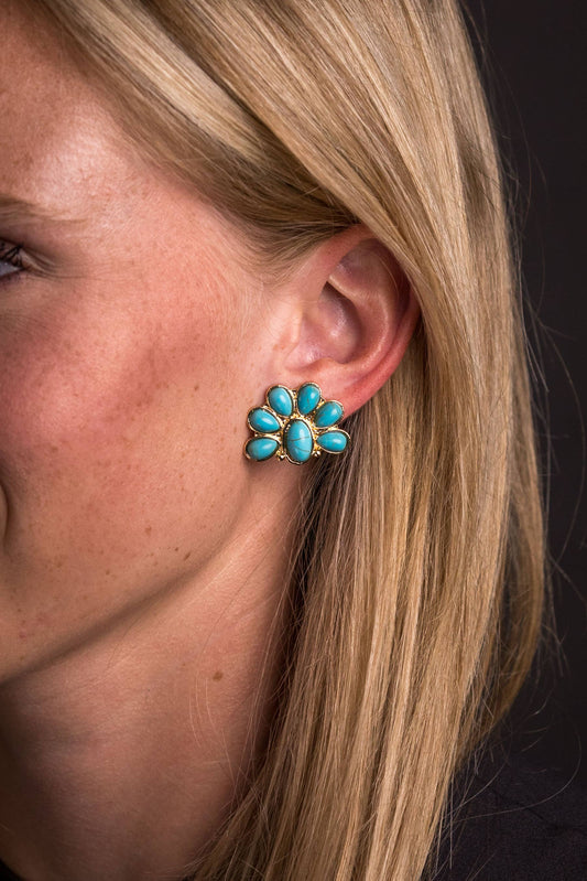 Half Flower Gold and Turquoise Post Earring