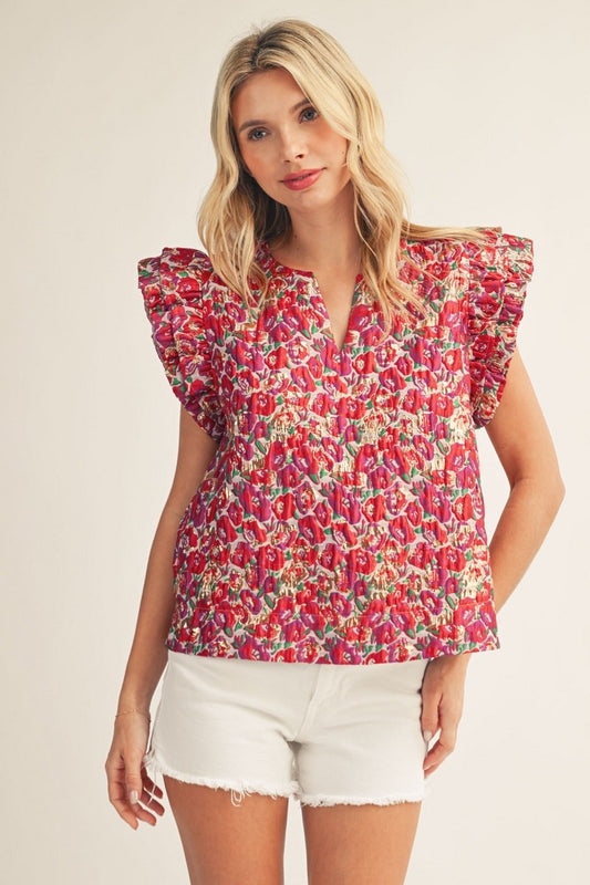 Layered Ruffle Sleeves Floral Jacquard Top