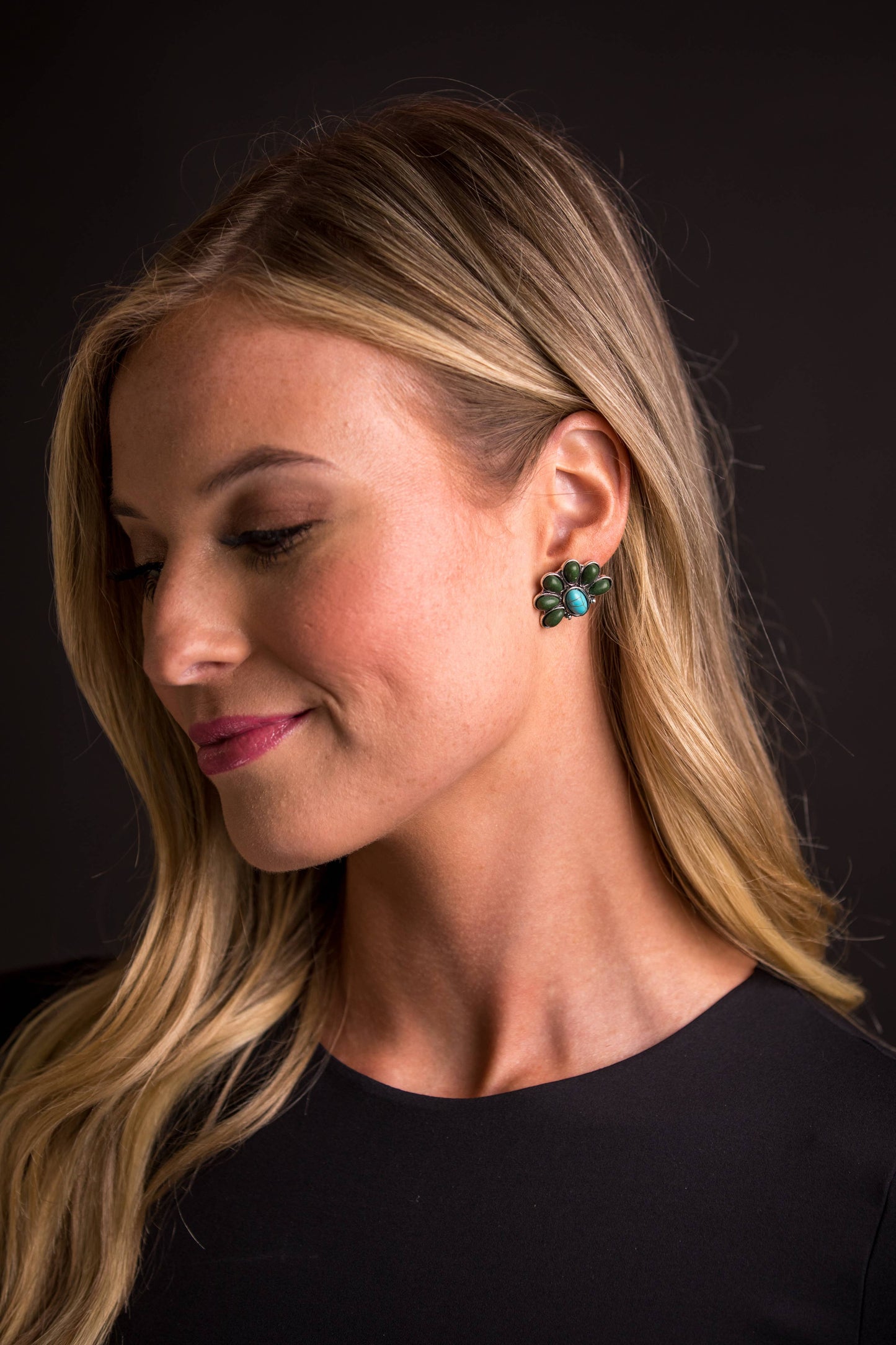 1" Turquoise and Green Half Flower Post Earring