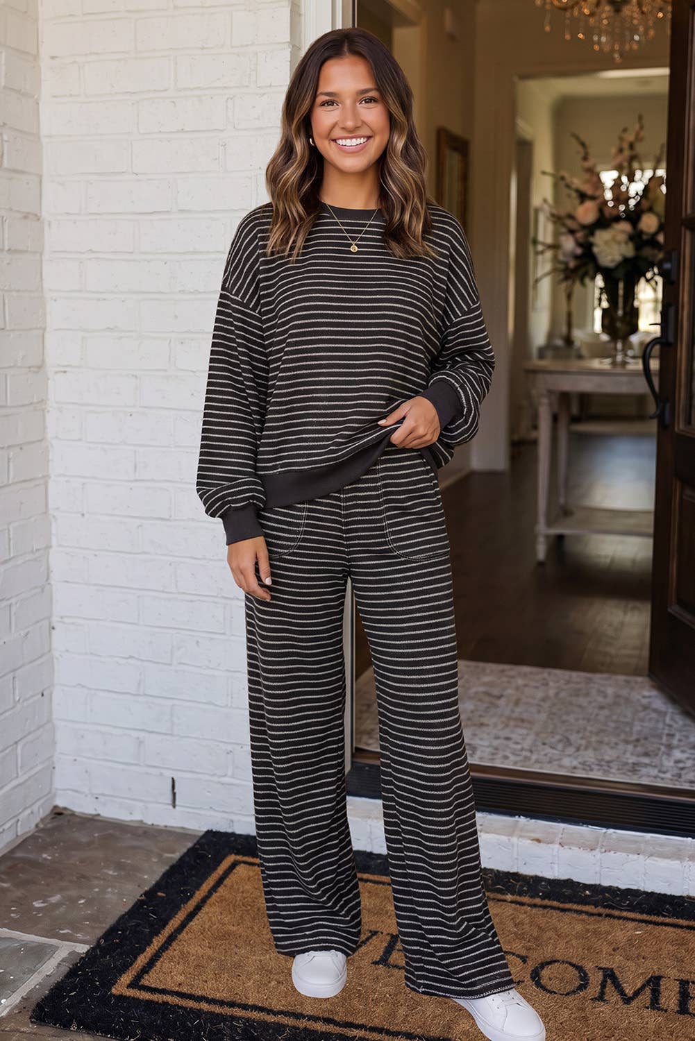 Cozy Striped Crew Neck Pocketed Pants Set