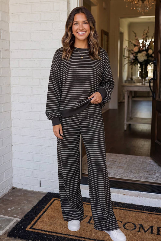 Cozy Striped Crew Neck Pocketed Pants Set