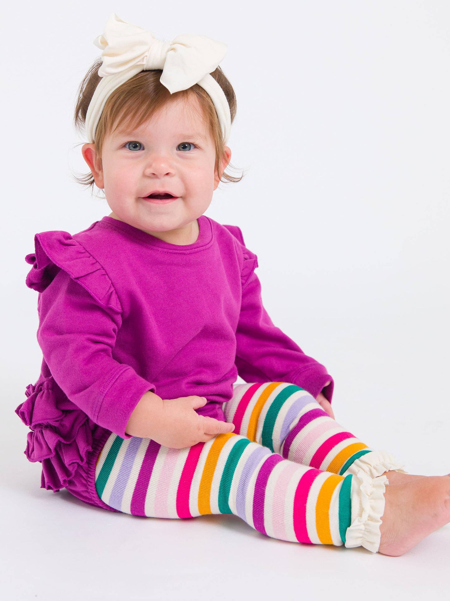 Baby Girls Plum Tart Sweatshirt Bubble Romper with Signature Rear Ruffles