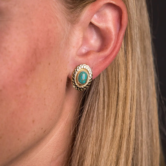 Gold Floral Concho Stud Earrings with Turquoise
