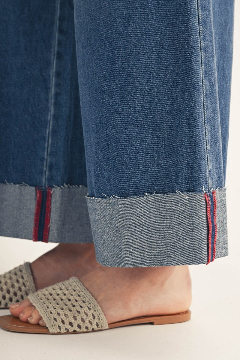 Cuffed Wide Leg Washed Denim Pants