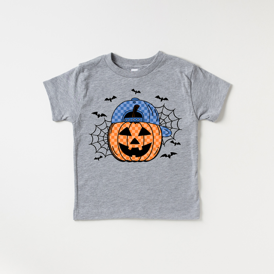 Backward Hat Pumpkin Spiderwebs Boys Halloween Kids Shirt