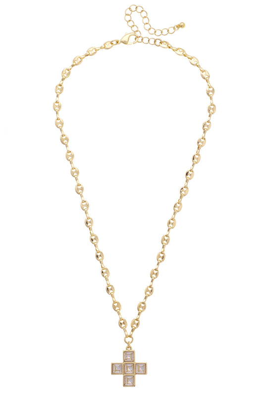 Theodora Rhinestone Cross Necklace in Shiny Gold