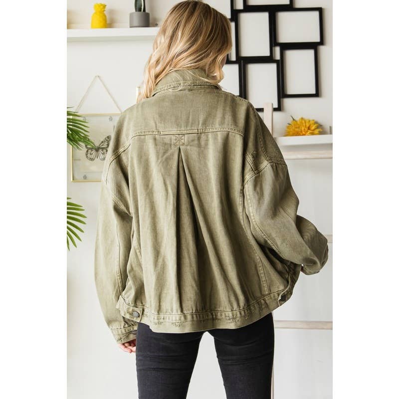 Plus Size Oversize Pleated Back Color Denim Jacket