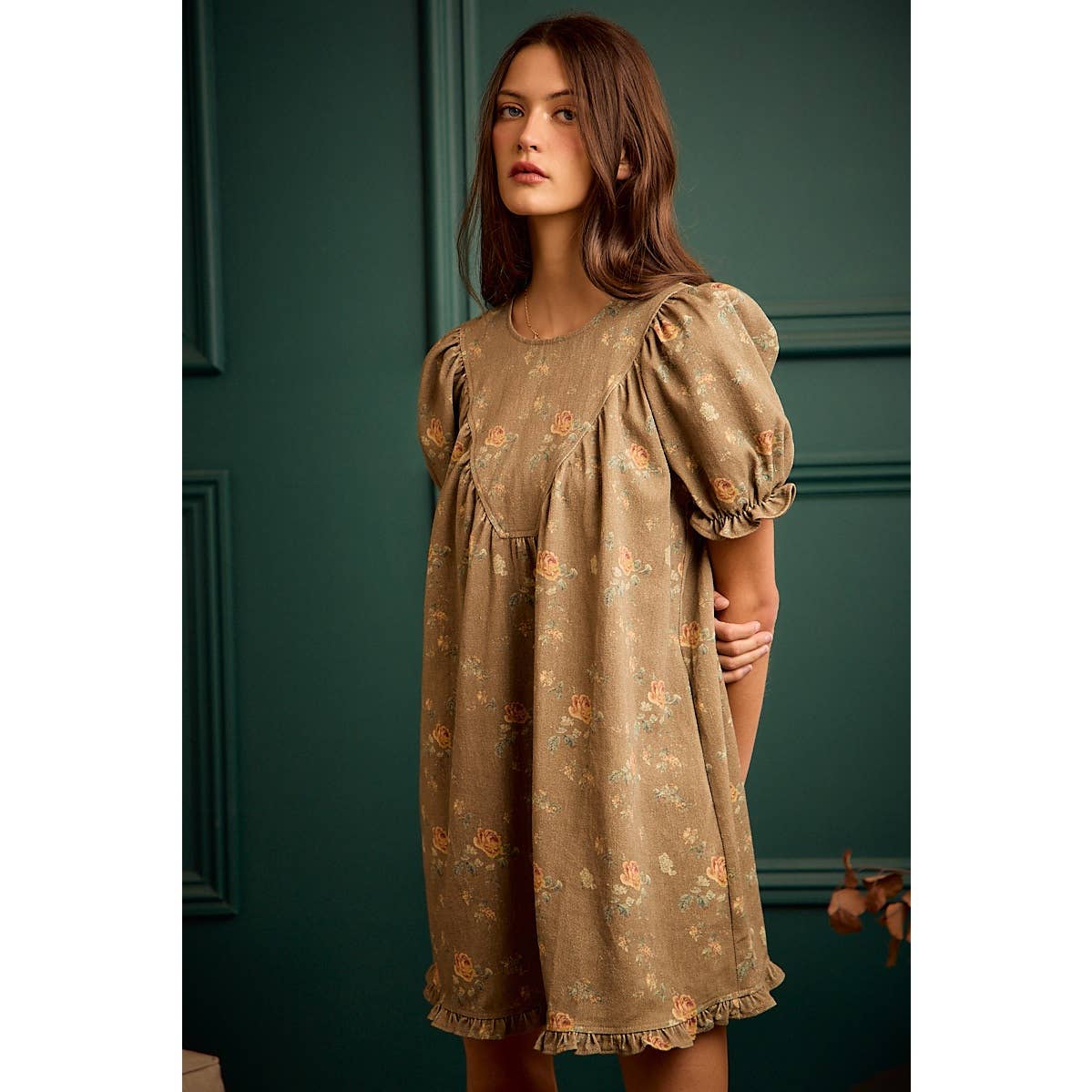 FLORAL RUCHED SHORT PUFF SLEEVE MINI DRESS