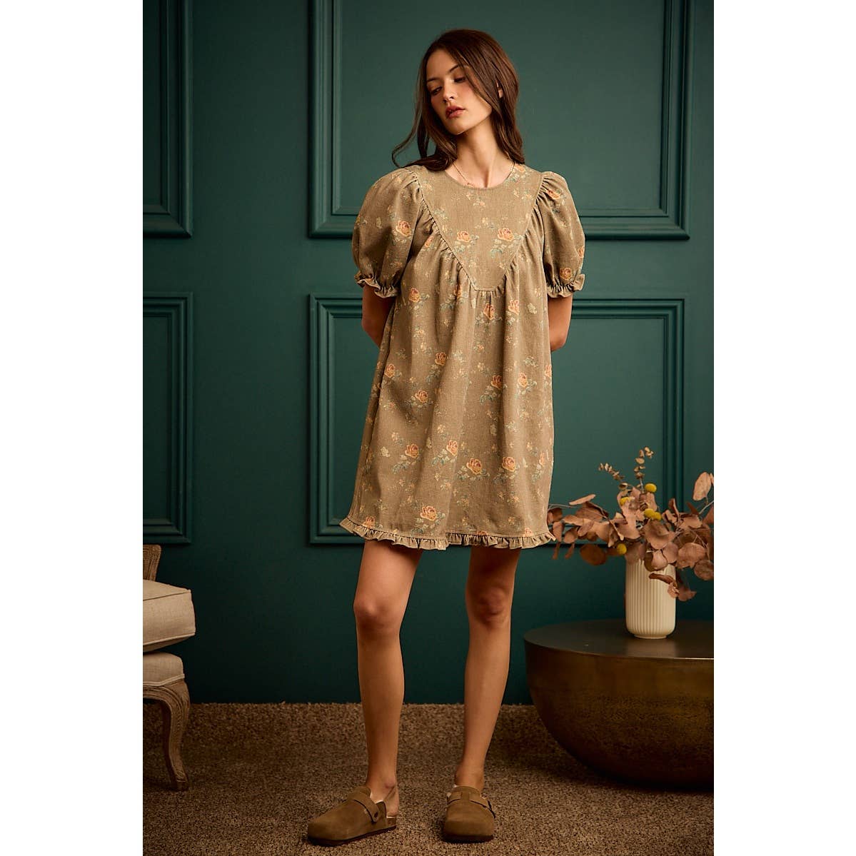 FLORAL RUCHED SHORT PUFF SLEEVE MINI DRESS