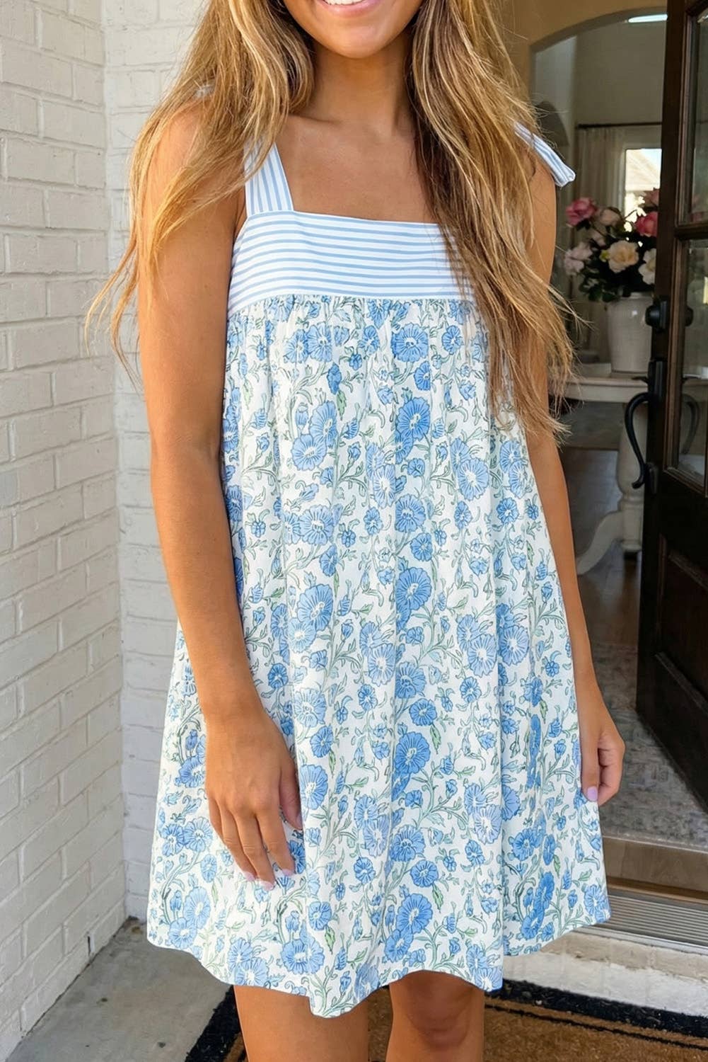 Floral Stripe Patchwork Bow Knot Strap Dress