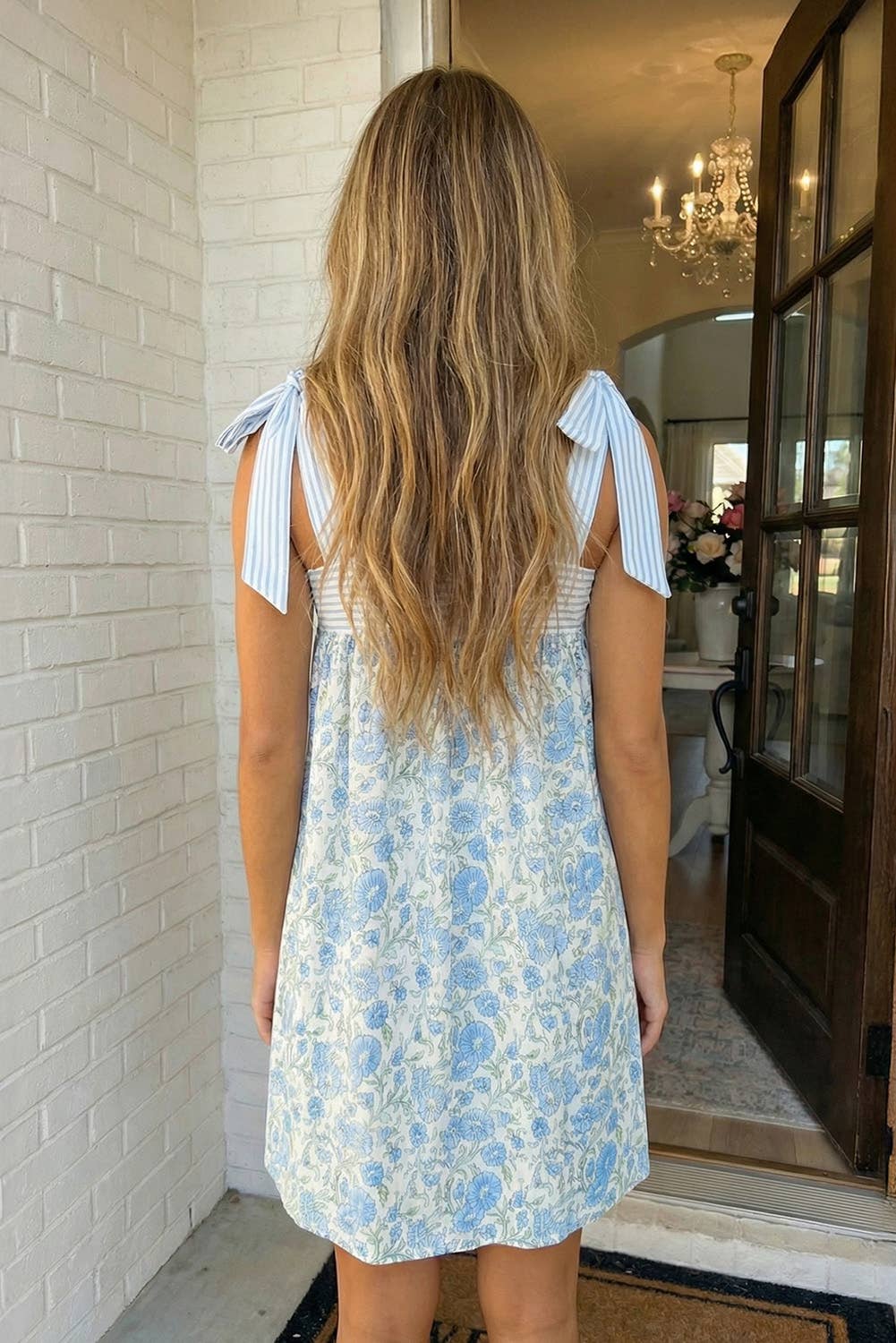 Floral Stripe Patchwork Bow Knot Strap Dress