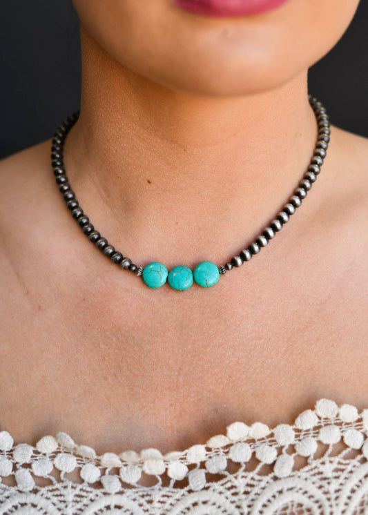 16" Faux Navajo Pearl Necklace With Round Turquoise Beaded A