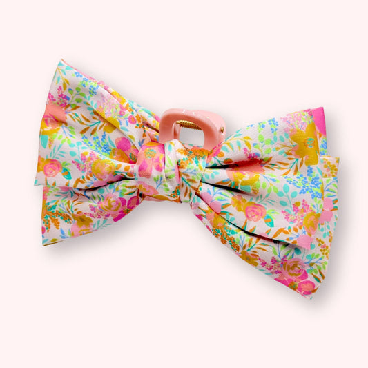 Hair Bow Claw Clip | Blush Rainbow Posies