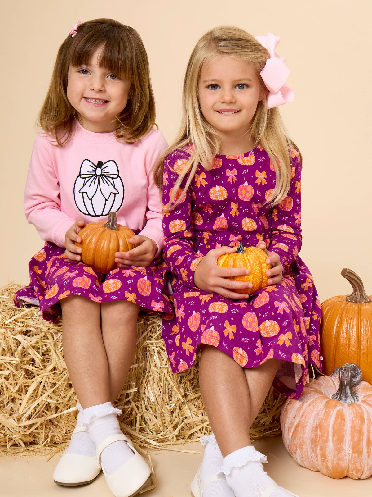 Girls Pumpkin Bow Patch Knit Long Sleeve Twirl Dress