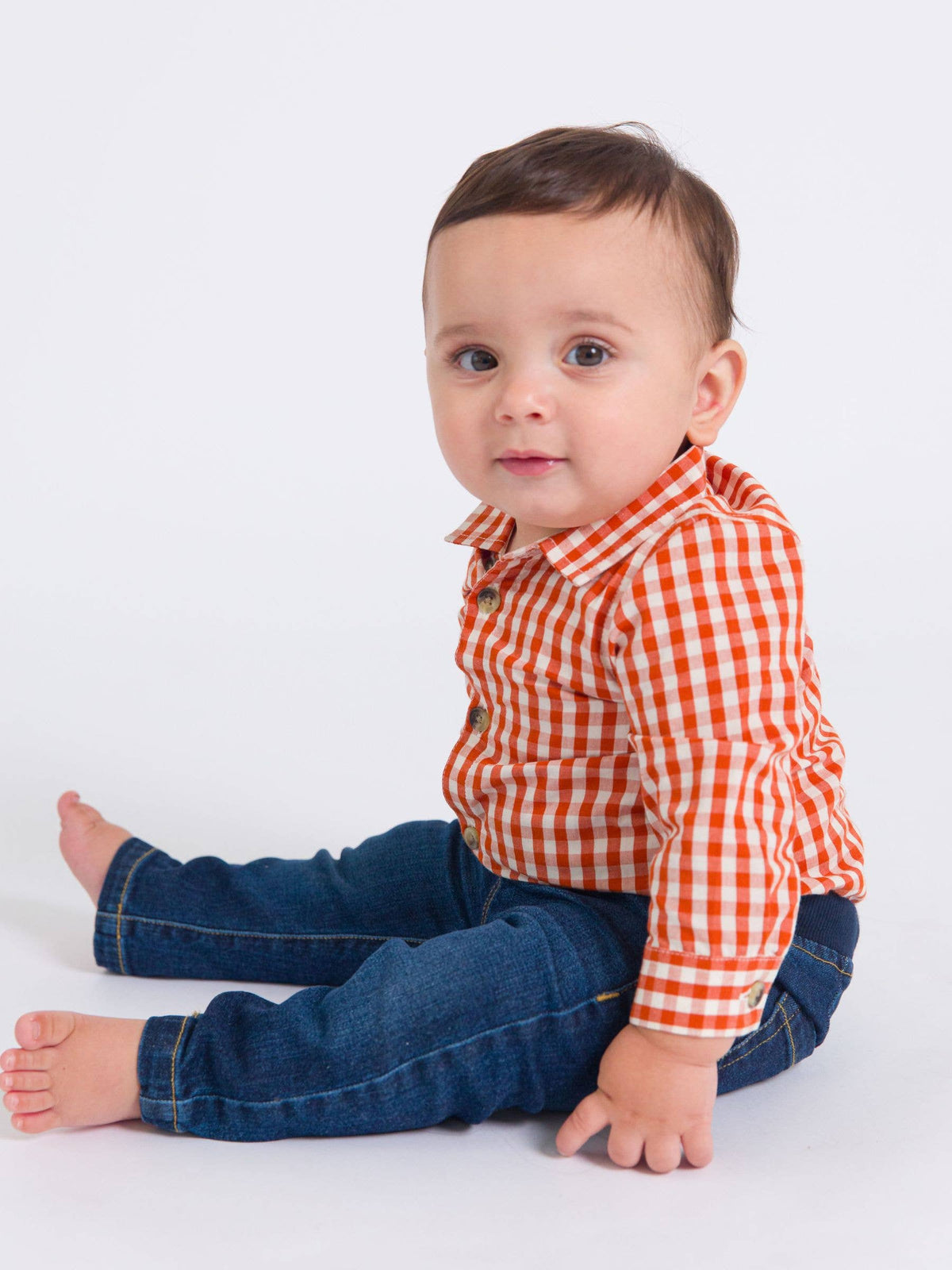 Baby Boys Classic Rust Gingham Long Sleeve Button Down Bodysuit