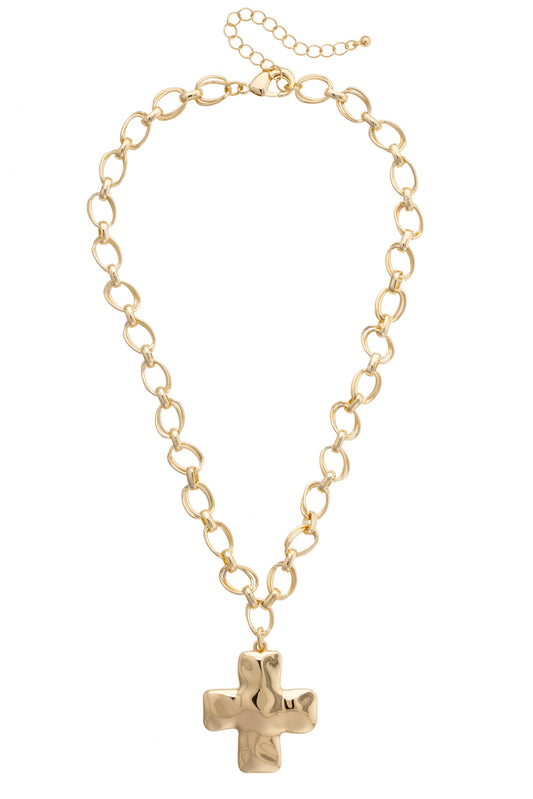 Elise Hammered Cross Cable Chain Necklace in Shiny Gold