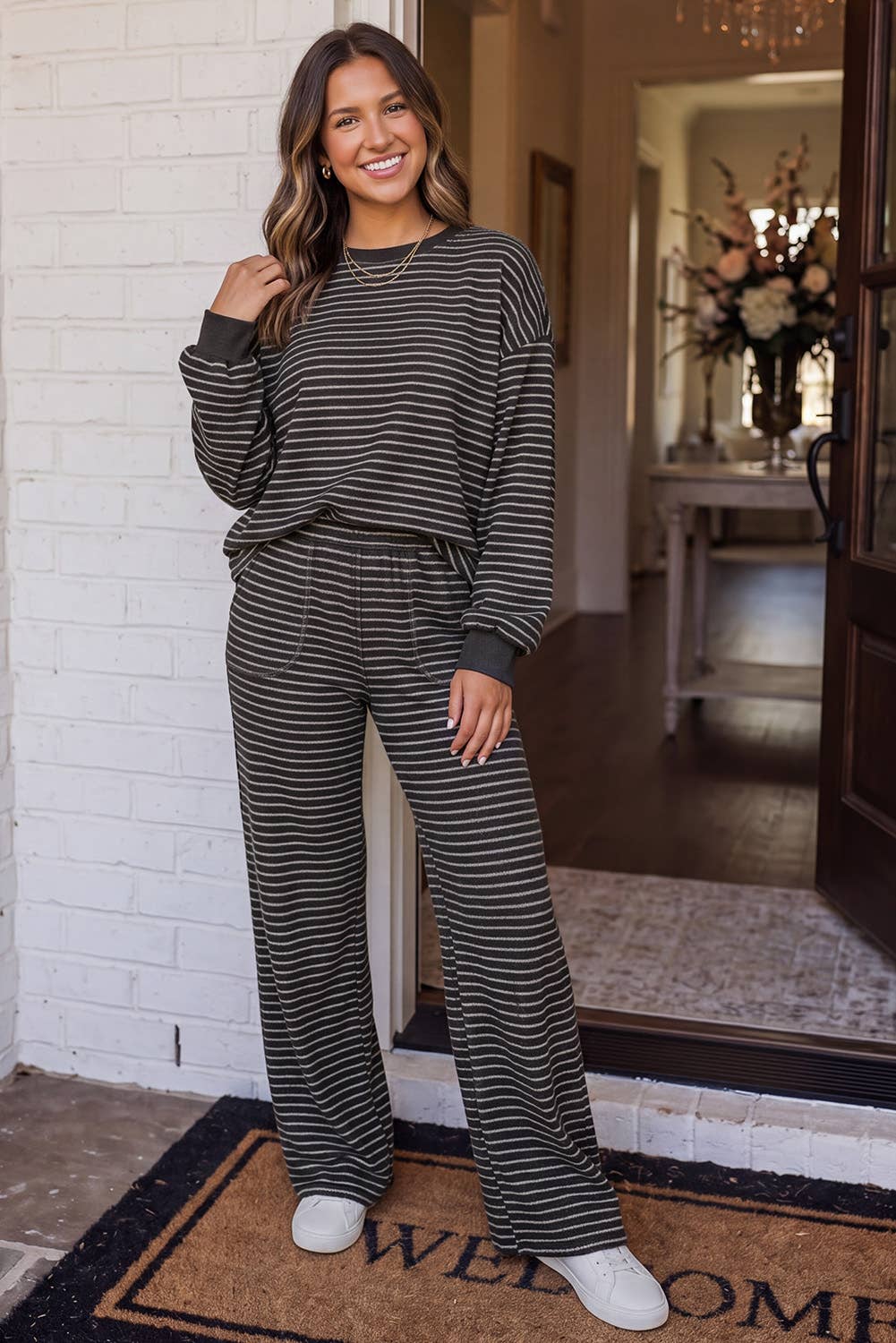 Cozy Striped Crew Neck Pocketed Pants Set