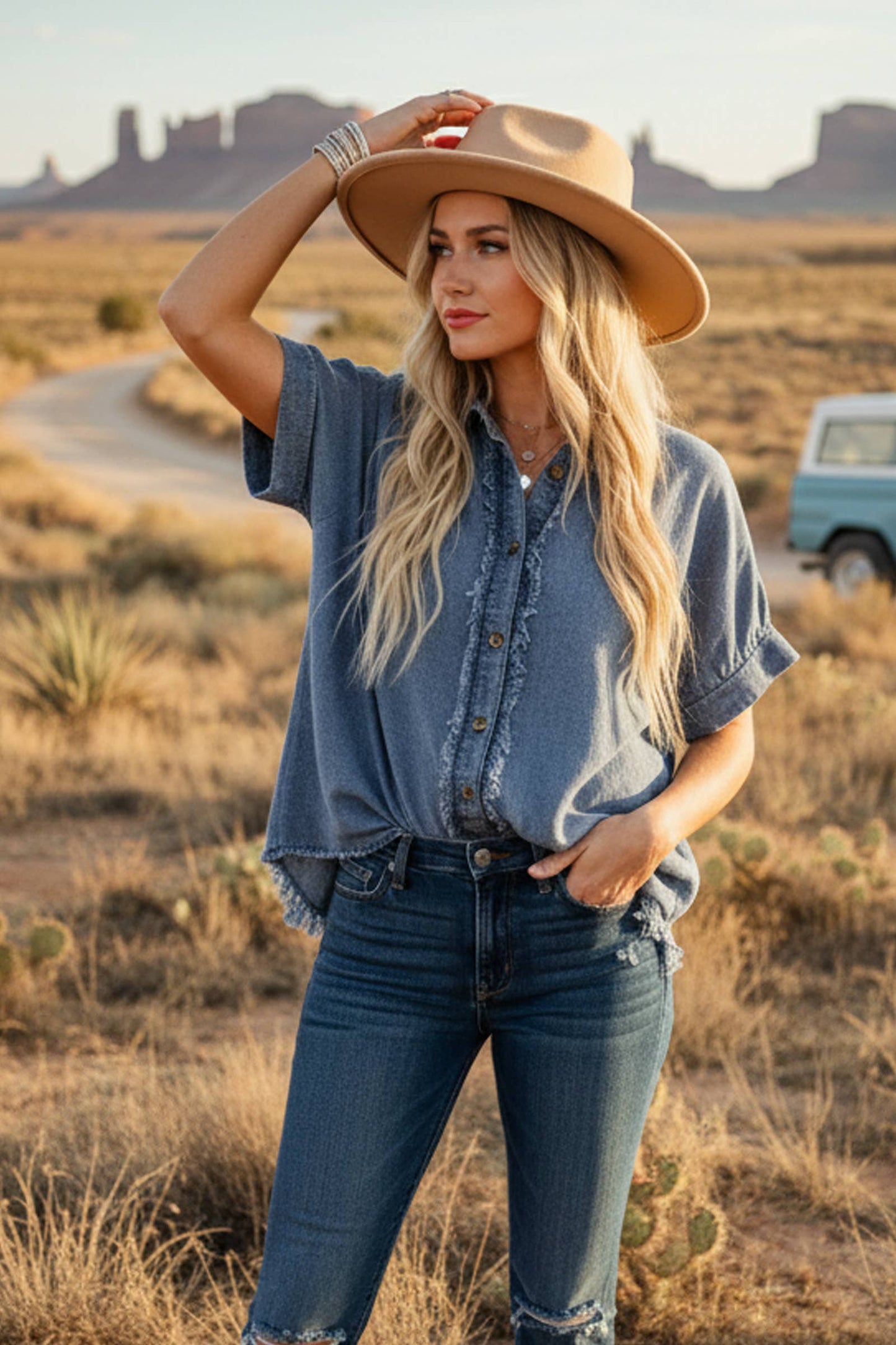 Frayed Trim Denim Button Top
