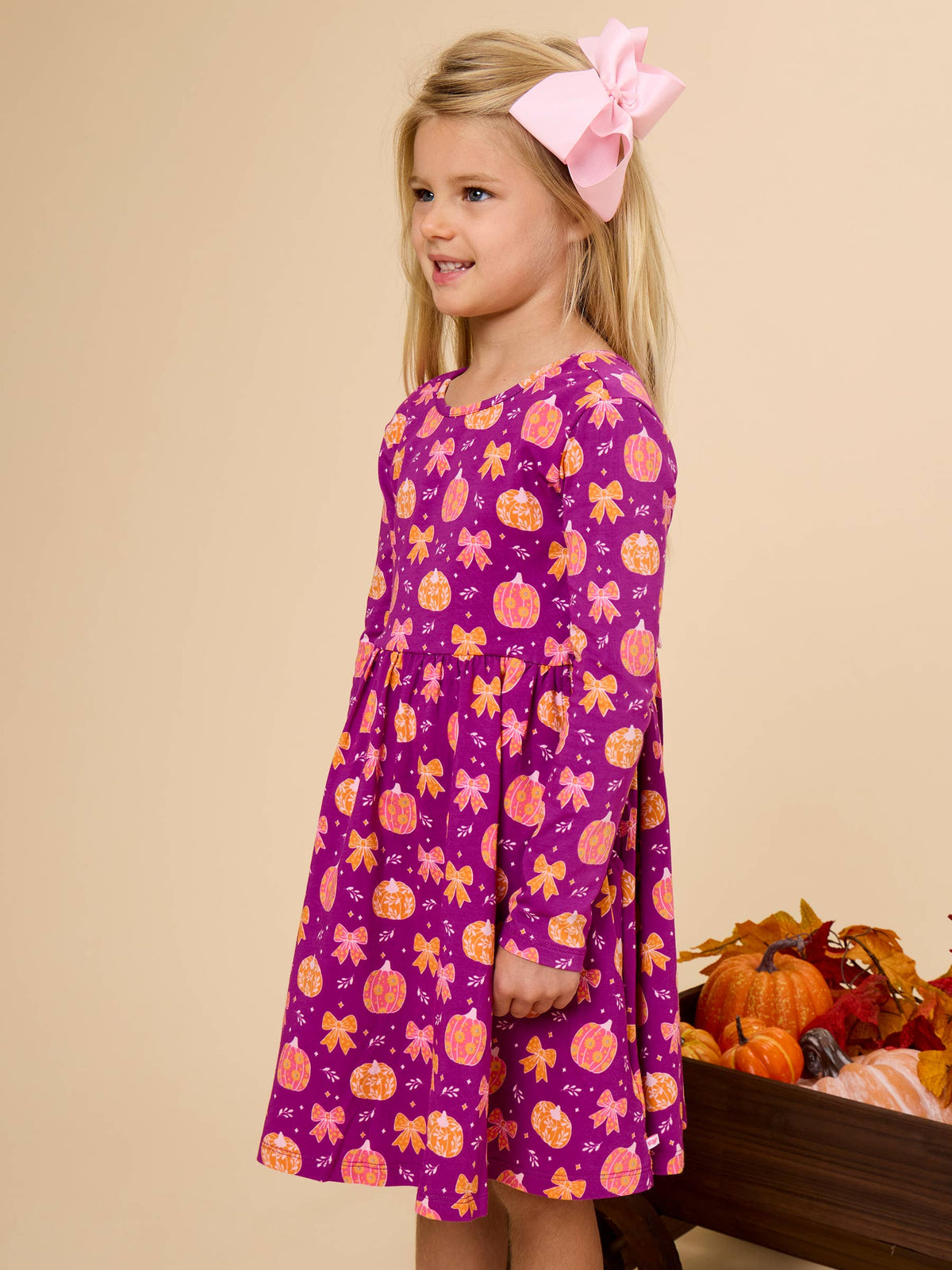 Girls Pumpkin Bow Patch Knit Long Sleeve Twirl Dress